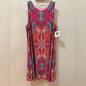 Anne Klein pink/Red Paisley tank Dress with Teal and Pink Accents